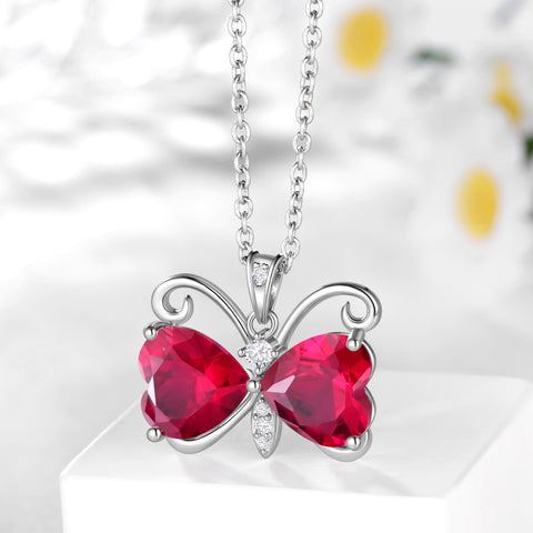 Women Red Butterfly Necklace Heart July Birthstone Necklace Ruby Crystal Silver Plated Pendant Jewelry Wife Wedding Birthday Mother's Day Gift - Aurora Tears