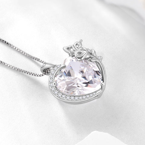 Women Heart Necklace Butterfly Rose Flower Pendant April Birthstone Diamond Crystal Wedding Bridal Jewelry 925 Sterling Silver Wife Mom Gift - Aurora Tears