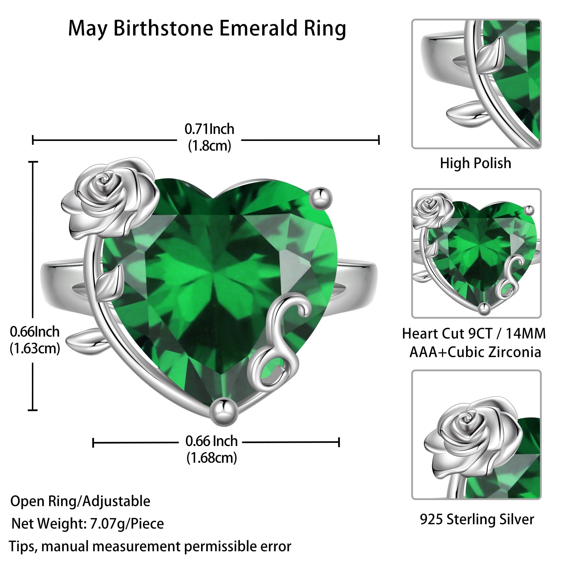 9Ct Women Heart Ring 925 Sterling Silver Rose Flower May Birthstone Emerald Green Solitaire Ring Jewelry Birthday Mother's Day Gift - Aurora Tears