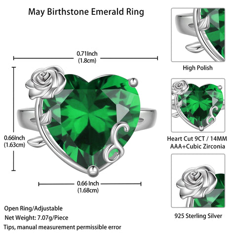 9Ct Women Heart Ring 925 Sterling Silver Rose Flower May Birthstone Emerald Green Solitaire Ring Jewelry Birthday Mother's Day Gift - Aurora Tears
