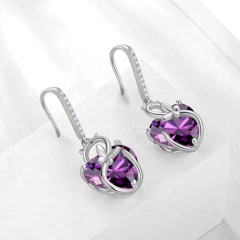 Cat Butterfly Earrings for Women 925 Sterling Silver Earrings Dangle Drop Hook Purple Heart Amethyst February Birthstone Jewelry Mother Christmas Birthday Valentine's Day Gifts for Wife - Aurora Tears