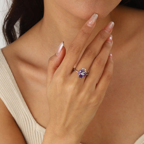 Women Heart Ring 925 Sterling Silver Cat Butterfly February Birthstone Amethyst Purple Solitaire Ring Jewelry Girlfriend Cat Lover Valentine's Day Gift - Aurora Tears
