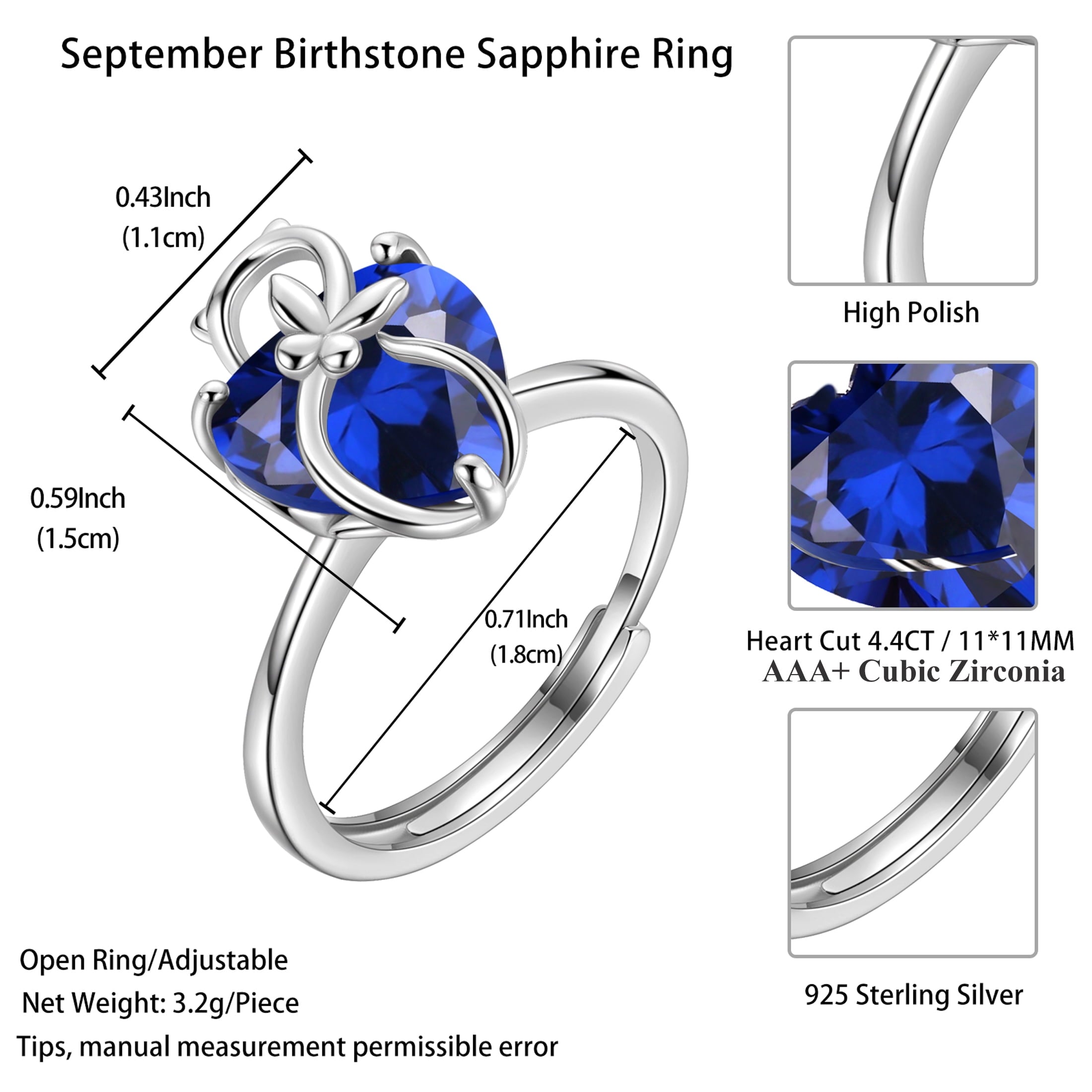 Women Heart Ring 925 Sterling Silver Cat Butterfly September Birthstone Sapphire Blue Solitaire Ring Jewelry Birthday Mother's Day Gift for Cat Lover - Aurora Tears