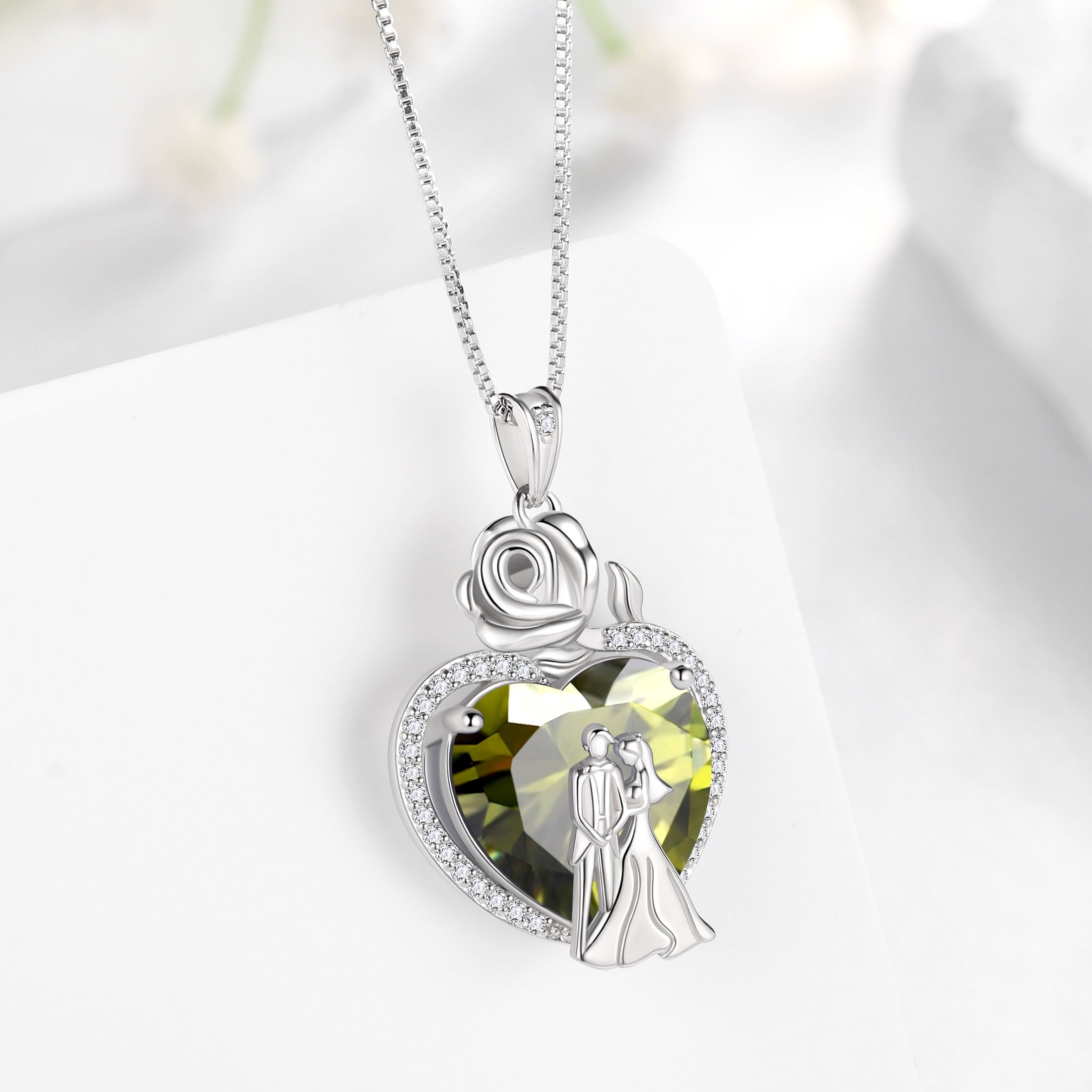 Couple Necklace for Women 925 Sterling Silver 15MM Heart August Birthstone Rose Flower Pendant Promise Engagement Jewelry Valentines Gift for Wife Girlfriend Her - Aurora Tears