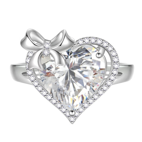 Juwaliy 6Ct Heart Women Ring Bow Kont Ribbon 925 Sterling Silver Birthstone Ring Solitaire Jewelry Mother Wife Birthday Valentine's Day Gift