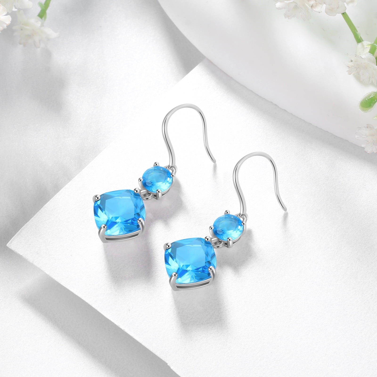 March Birthstone Earrings Women 925 Sterling Silver Hook Long Drop Earrings Aquamarine Blue Topaz Jewelry Birthday Mother's Day Gift - Aurora Tears