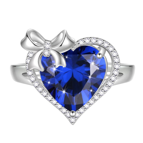 Juwaliy 6Ct Heart Women Ring Bow Kont Ribbon 925 Sterling Silver Birthstone Ring Solitaire Jewelry Mother Wife Birthday Valentine's Day Gift