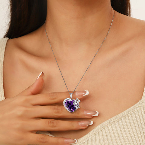 Women Heart Necklace Butterfly Rose Flower Pendant February Birthstone Amethyst Purple 925 Sterling Silver Jewelry Mom Valentine's Day Gifts - Aurora Tears