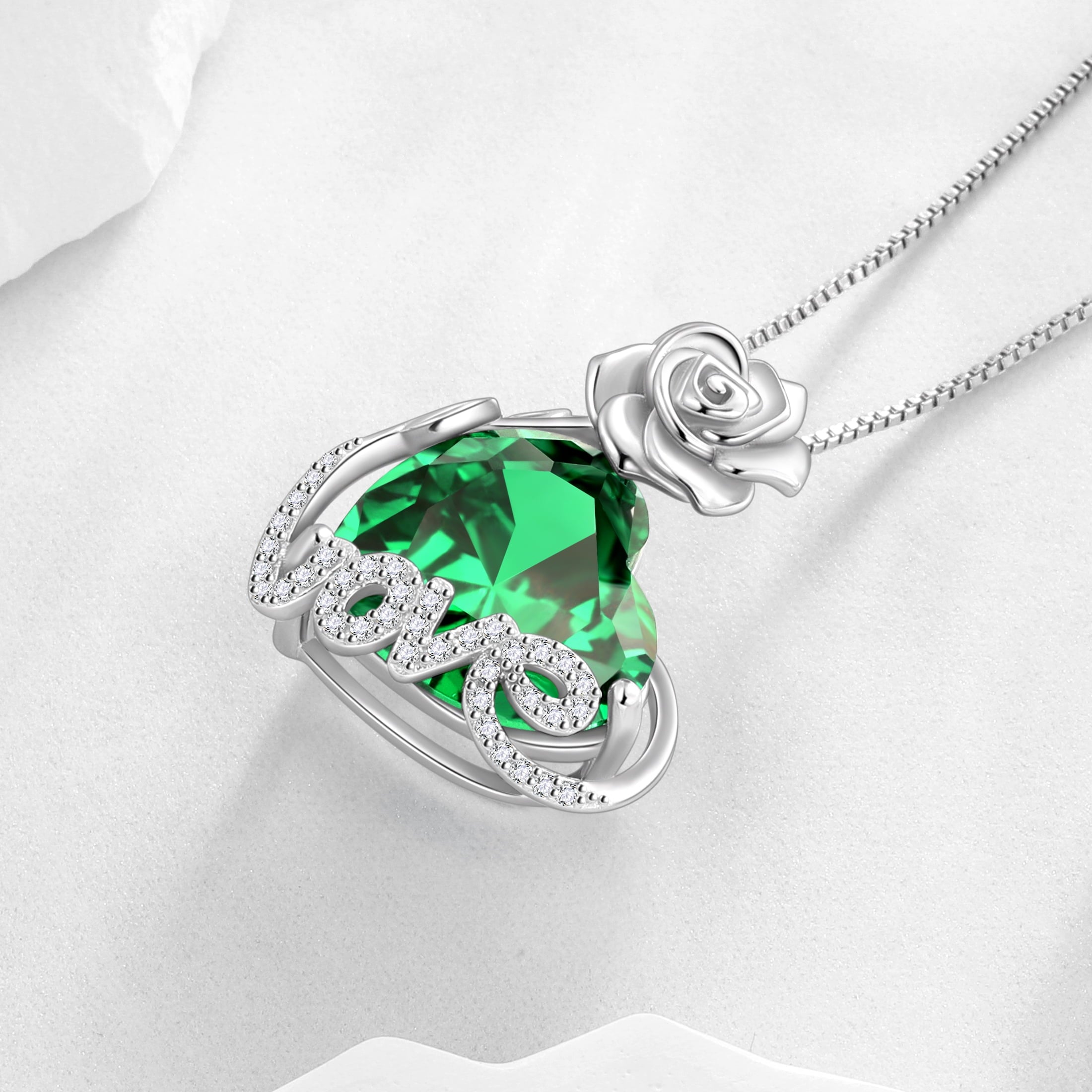 15MM Rose Heart Women Necklace May Birthstone 925 Sterling Silver Flower Love Pendant Green Emerald Jewelry Christmas Birthday Mothers Day Gift for Wife - Aurora Tears