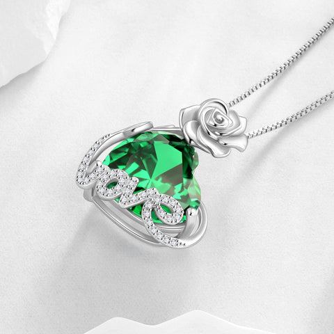 15MM Rose Heart Women Necklace May Birthstone 925 Sterling Silver Flower Love Pendant Green Emerald Jewelry Christmas Birthday Mothers Day Gift for Wife - Aurora Tears