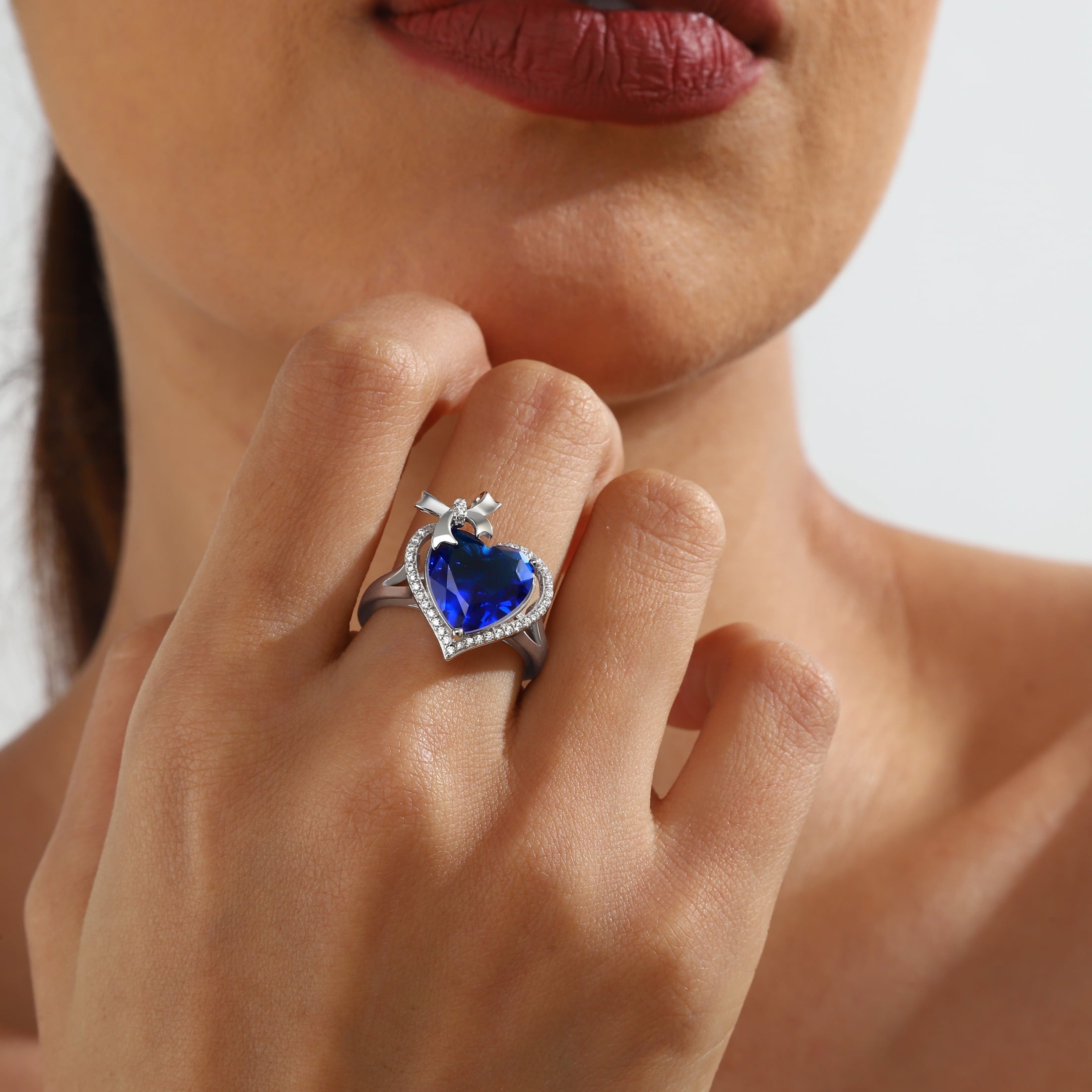 6Ct Heart Women Ring Bow Kont Ribbon 925 Sterling Silver September Birthstone Blue Sapphire Ring Jewelry Mom Wife Valentines Birthday Mother's Day Gift - Aurora Tears
