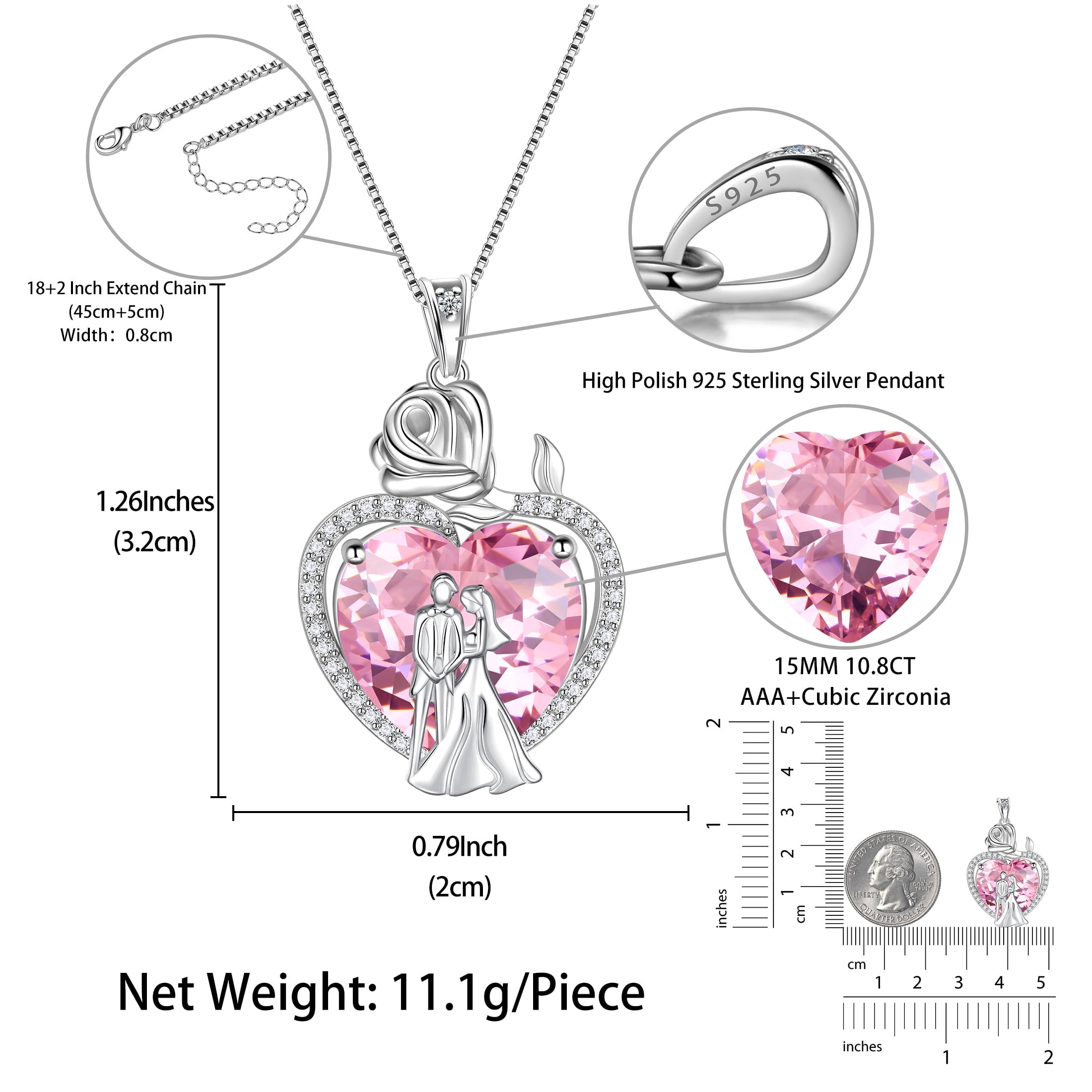 Couple Necklace for Women 925 Sterling Silver 15MM Heart October Birthstone Rose Flower Pendant Wedding Engagement Jewelry Valentine's Day Gift for Her Wife Bride - Aurora Tears