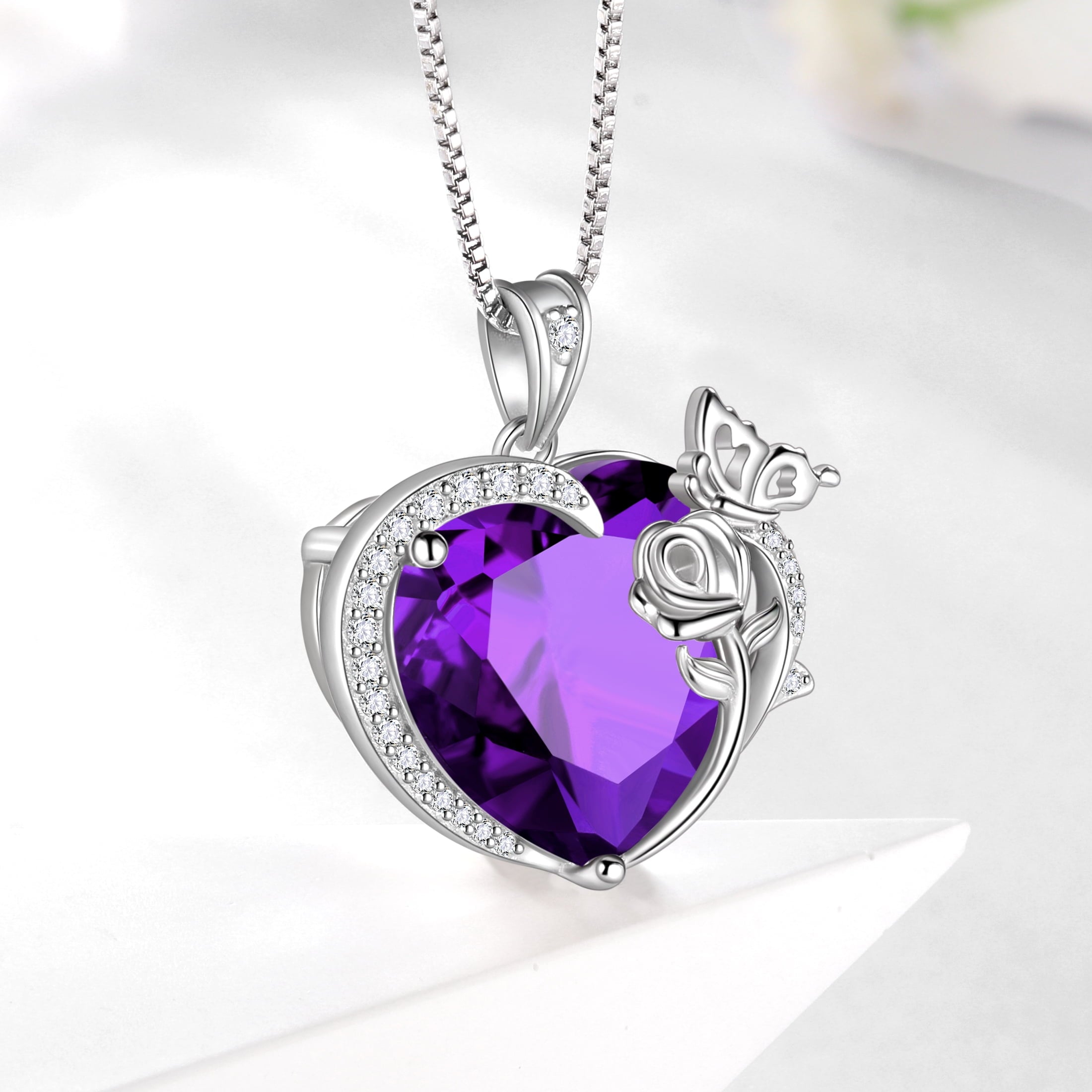 Women Heart Necklace Butterfly Rose Flower Pendant February Birthstone Amethyst Purple 925 Sterling Silver Jewelry Mom Valentine's Day Gifts - Aurora Tears