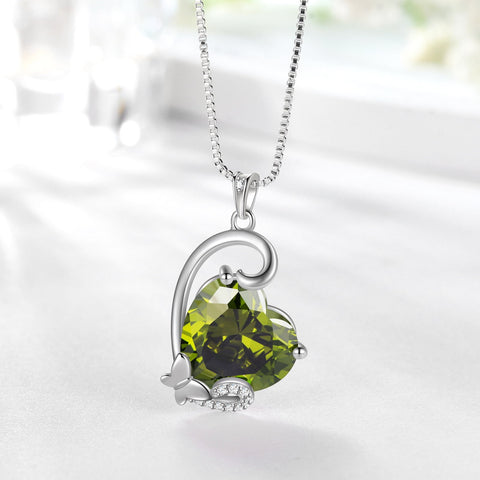 August Birthstone Heart Necklace Butterfly Pendant Green Peridot Jewelry 925 Sterling Silver Women Birthday Christmas Mother's Day Gift - Aurora Tears