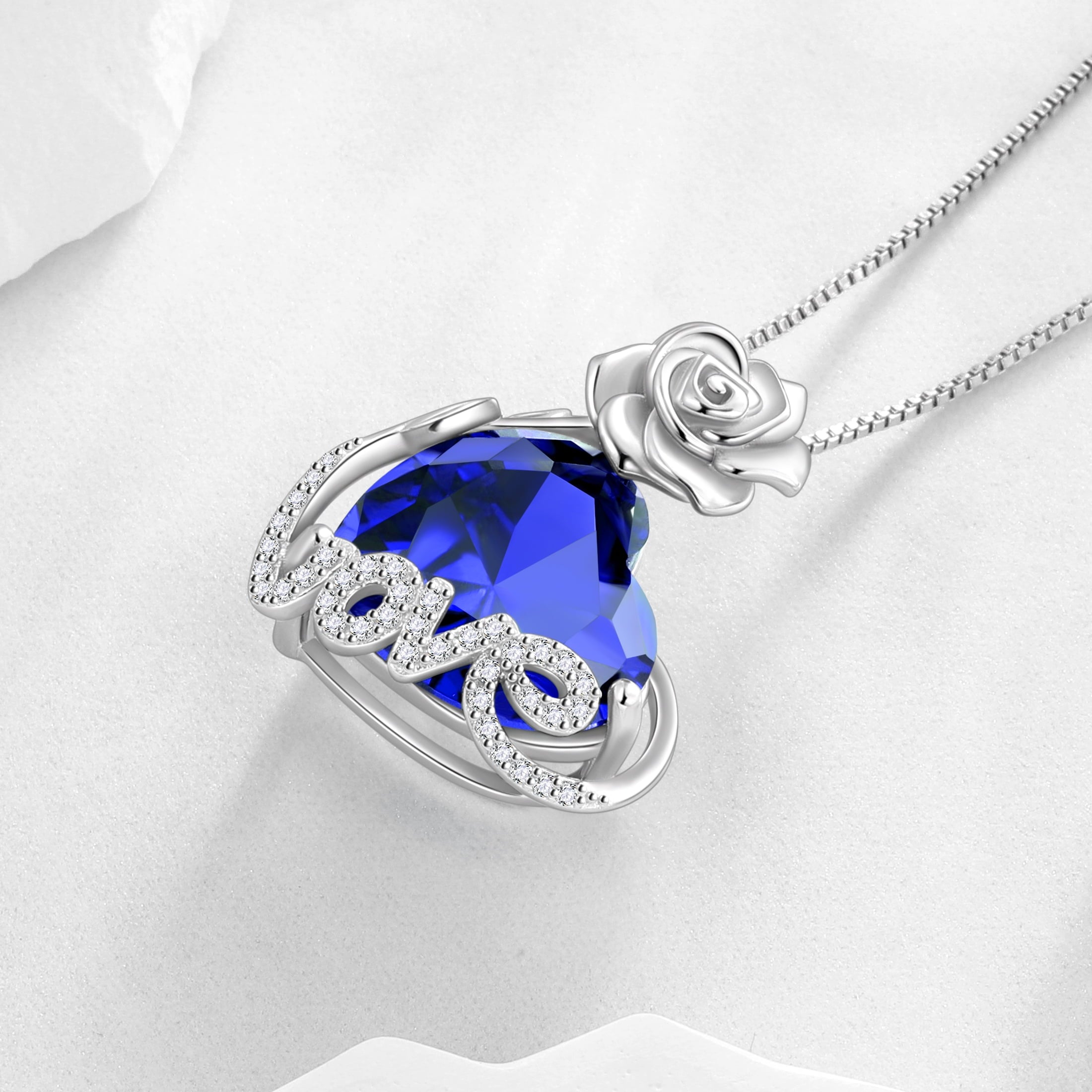 15MM Rose Heart Women Necklace September Birthstone 925 Sterling Silver Flower Love Pendant Blue Sapphire Jewelry Birthday Valentines Mother's Day Gift - Aurora Tears