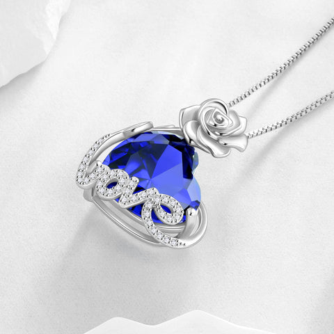 15MM Rose Heart Women Necklace September Birthstone 925 Sterling Silver Flower Love Pendant Blue Sapphire Jewelry Birthday Valentines Mother's Day Gift - Aurora Tears