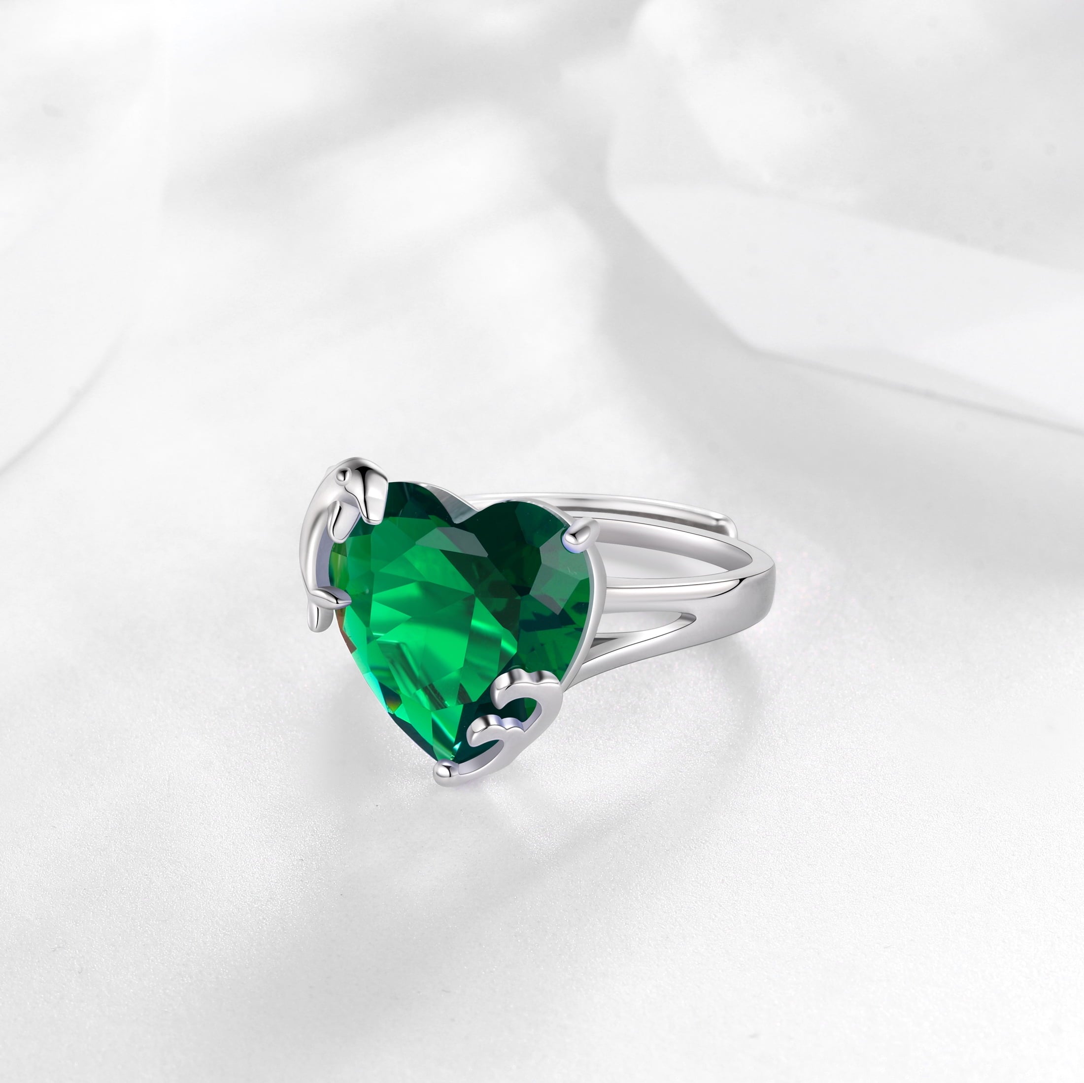 9Ct Women Heart Ring 925 Sterling Silver Dolphin May Birthstone Emerald Green Solitaire Ring Jewelry Birthday Mother's Day Gift - Aurora Tears