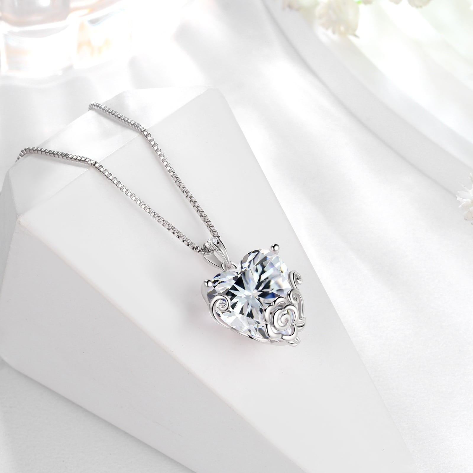 Women Heart Necklace April Birthstone Diamond Crystal Bridal Jewelry 925 Sterling Silver Rose Pendant Mom Birthday Valentine's Day Gift - Aurora Tears