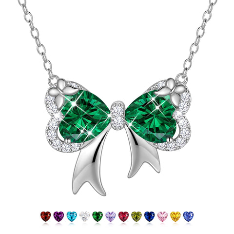 Juwaliy Silver Plated Buttefly Necklace for Women, May Birthstone Emerald Green Bow Pendant Jewelry Christmas Birthday Valentines Gift for Mother/Wife/Daughter