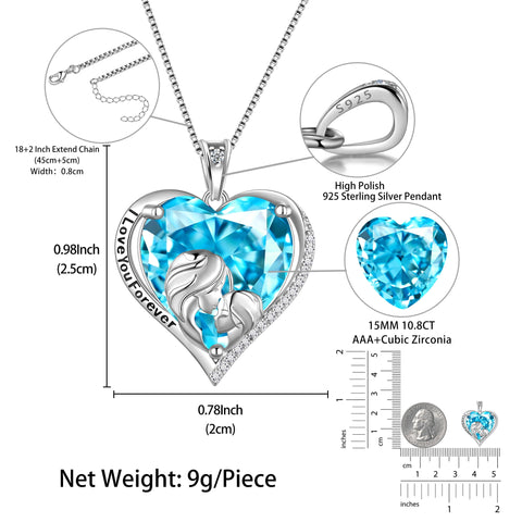 Women Heart Necklace for Mother Daughter 925 Sterling Silver Blue Aquamarine Birthstone Pendant Jewelry Mom March Birthday Mother's Day Gift - Aurora Tears