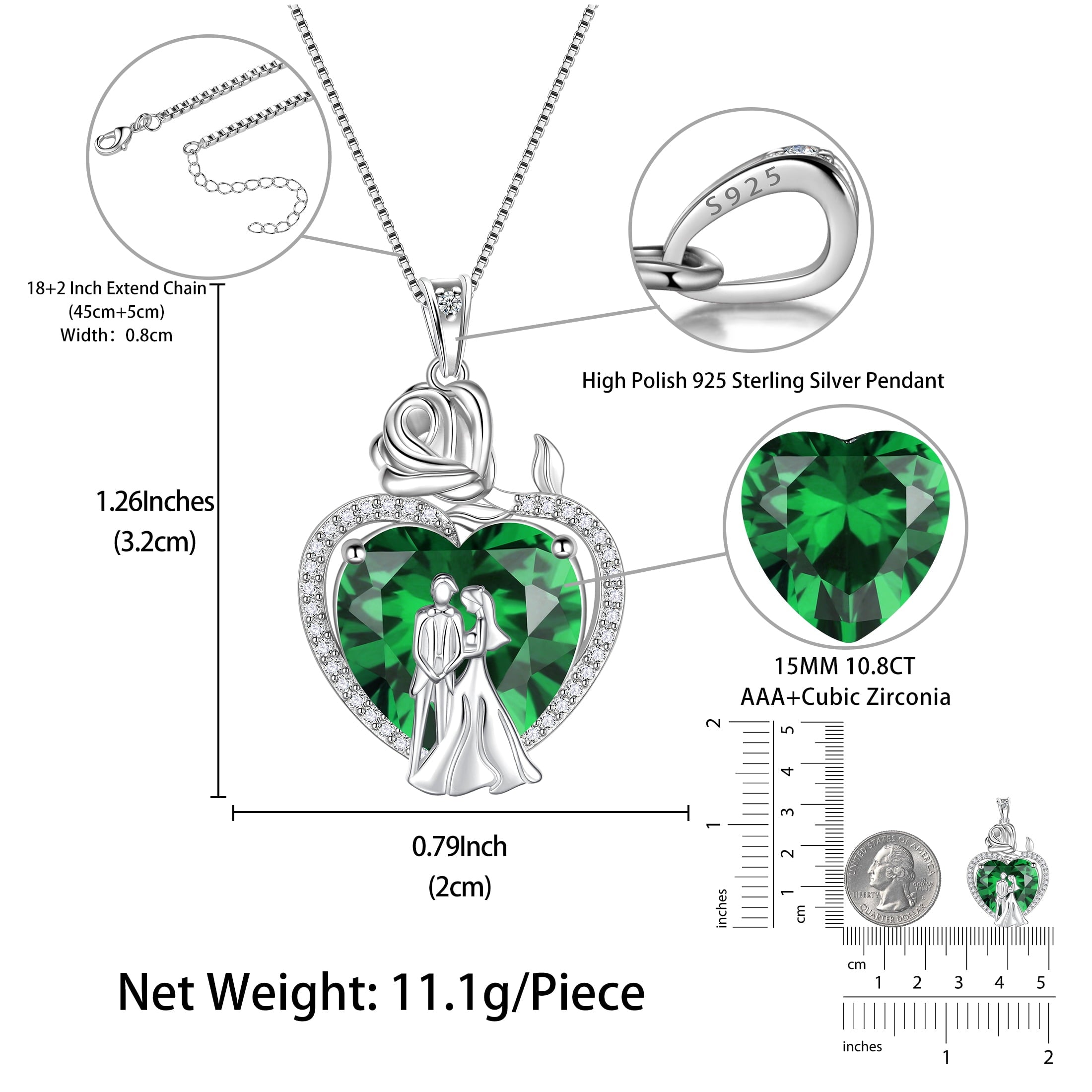 Couple Necklace for Women 925 Sterling Silver 15MM Heart May Birthstone Rose Flower Pendant Wedding Engagement Jewelry Valentines Day Gift for Her Wife/Girlfriend - Aurora Tears