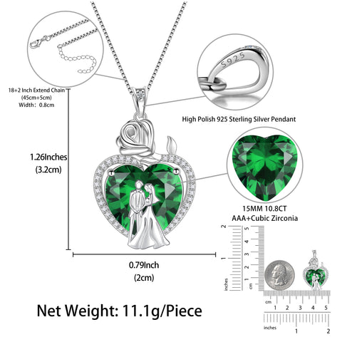 Couple Necklace for Women 925 Sterling Silver 15MM Heart May Birthstone Rose Flower Pendant Wedding Engagement Jewelry Valentines Day Gift for Her Wife/Girlfriend - Aurora Tears