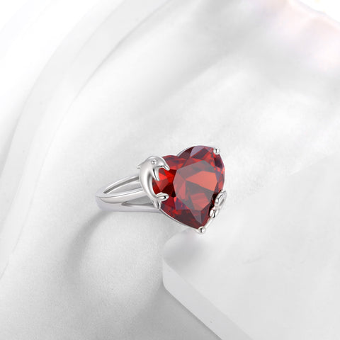 9Ct Women Heart Ring 925 Sterling Silver Dolphin January Birthstone Red Garnet Solitaire Ring Jewelry Mother Birthday Valentine's Day Gift - Aurora Tears
