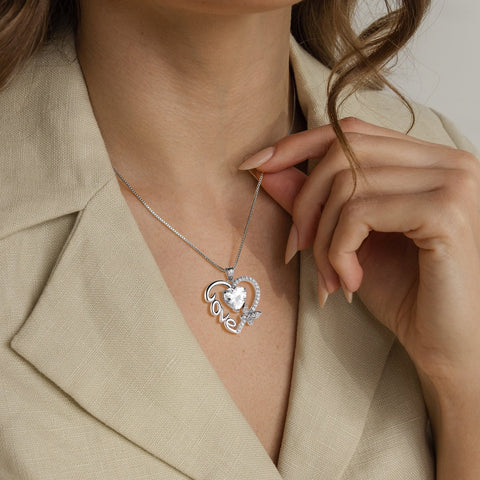 Women White Love Heart Necklace Butterfly April Birthstone Necklace Diamond CZ 925 Sterling Silver Pendant Jewelry Birthday Valentines Mother's Day Gift - Aurora Tears