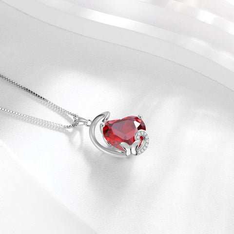 January Birthstone Heart Necklace Butterfly Pendant Red Garnet 925 Sterling Silver Jewelry Mother Women Birthday Christmas Valentine's Day Gift for Her - Aurora Tears