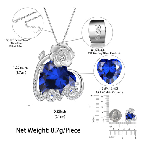 15MM Rose Heart Women Necklace September Birthstone 925 Sterling Silver Flower Love Pendant Blue Sapphire Jewelry Birthday Valentines Mother's Day Gift - Aurora Tears