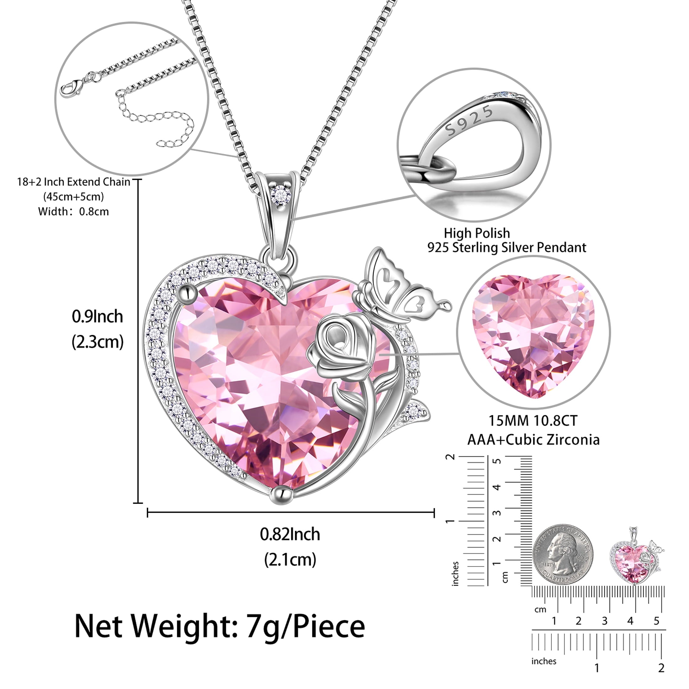 Women Heart Necklace Butterfly Rose Flower Pendant October Birthstone Tourmaline Pink Jewelry 925 Sterling Silver Mother Wife Girlfriend Valentines Gift - Aurora Tears