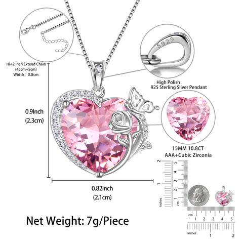 Women Heart Necklace Butterfly Rose Flower Pendant October Birthstone Tourmaline Pink Jewelry 925 Sterling Silver Mother Wife Girlfriend Valentines Gift - Aurora Tears
