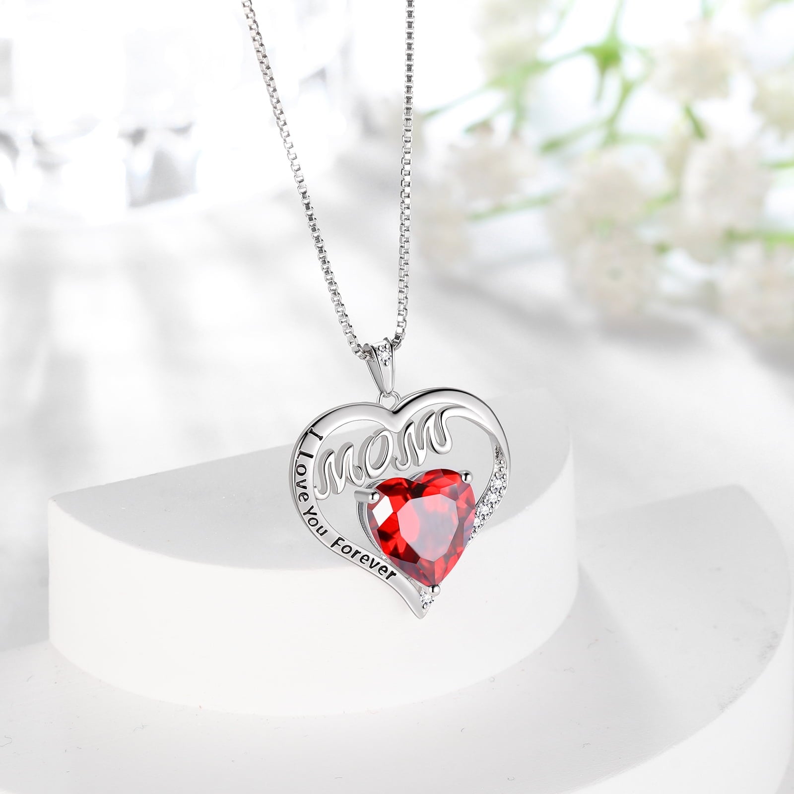 Women Mom Necklace Heart January Birthstone Necklace Garnet Red 925 Sterling Silver Pendant Jewelry Christmas Birthday Mother's Day Gifts from Daughter - Aurora Tears