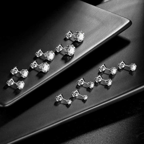 6 Pairs Round Solitaire Stud Earrings Set Women Jewelry Cubic Zirconia Stainless Steel
