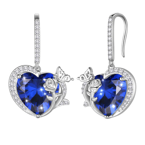 Boucles d'oreilles pendantes Juwaliy pour femmes, pierre de naissance, cœur, papillon, fleur, bijoux, crochet, argent sterling 925, cadeau de Saint-Valentin