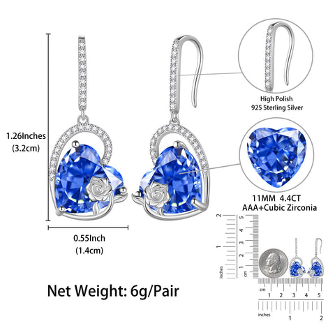 925 Sterling Silver Earrings Women Heart December Birthstone Hook Dangle Earring Tanzanite Blue Rose Flower Jewelry Mother Wife Christmas Birthday Gift - Aurora Tears