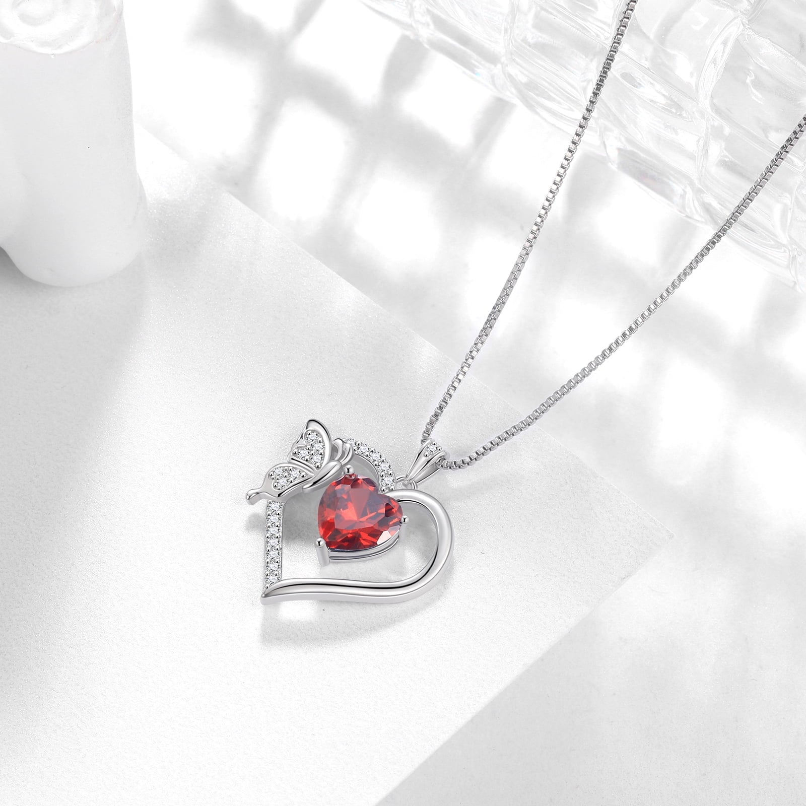 Women Red Heart Necklace Butterfly January Birthstone Necklace Garnet 925 Sterling Silver Pendant Jewelry Birthday Christmas Mother's Day Gifts - Aurora Tears