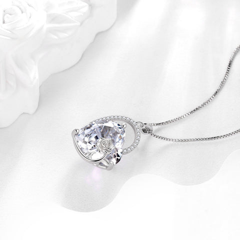 925 Sterling Silver 15MM Heart Necklace Women April Birthstone Diamond CZ Bridal Jewelry Rose Flower Pendant Mother Birthday Valentine's Day Gift - Aurora Tears