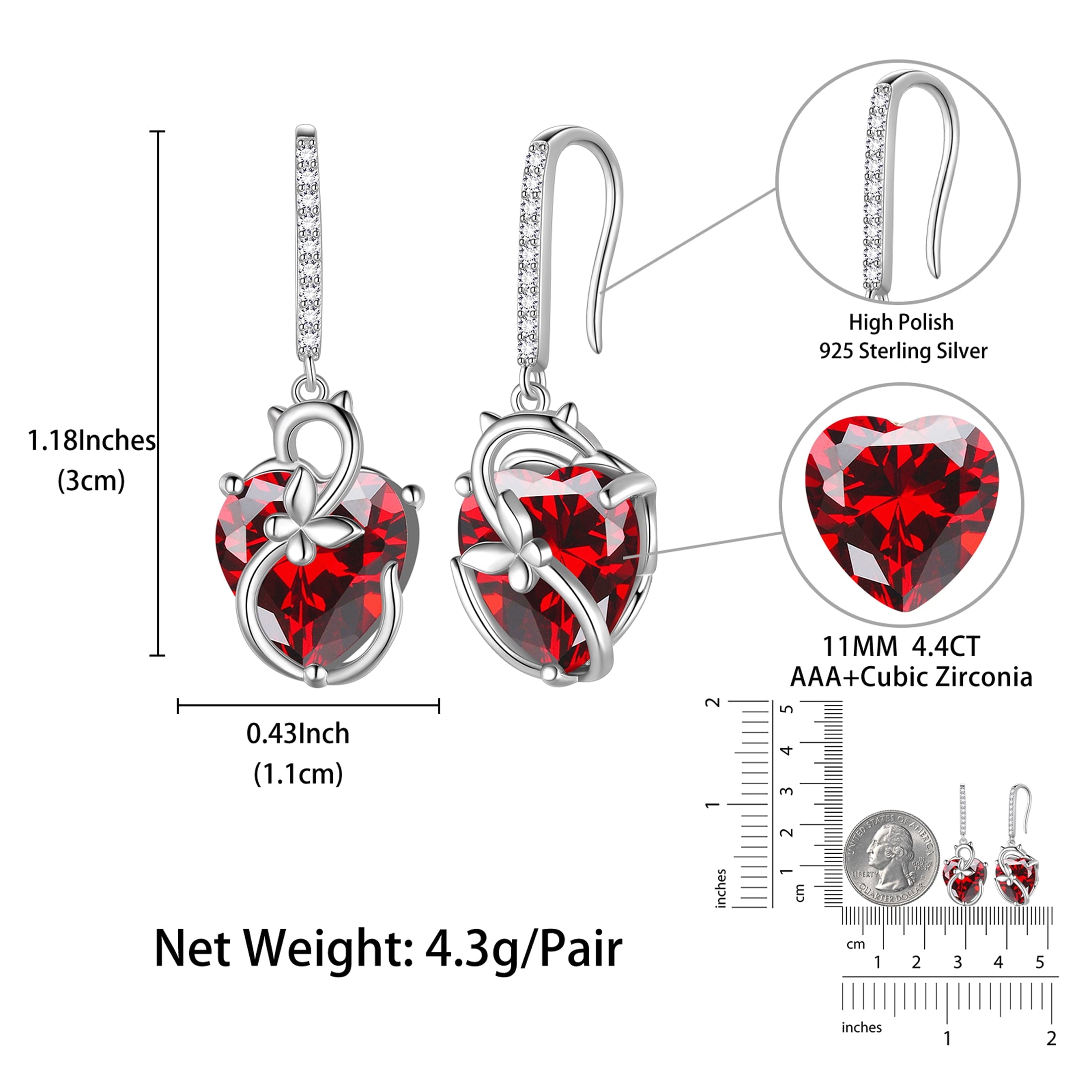 Cat Butterfly Earrings for Women 925 Sterling Silver Earrings Dangle Drop Hook Red Heart Garnet January Birthstone Jewelry Mother Christmas Birthday Valentine's Day Gift for Mom Wife - Aurora Tears
