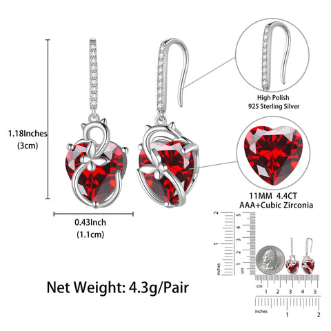 Cat Butterfly Earrings for Women 925 Sterling Silver Earrings Dangle Drop Hook Red Heart Garnet January Birthstone Jewelry Mother Christmas Birthday Valentine's Day Gift for Mom Wife - Aurora Tears