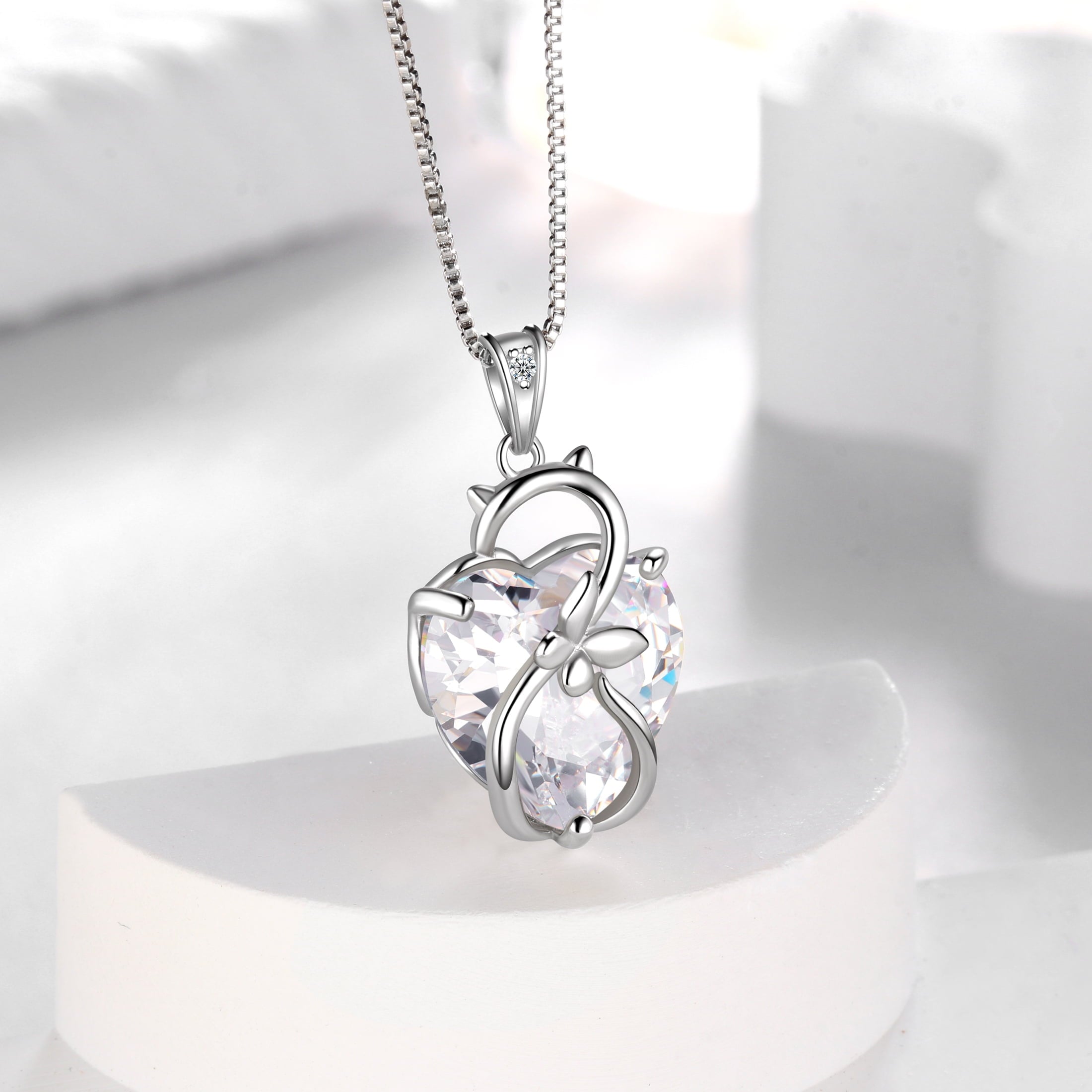 15MM Women Cat Necklace Heart April Birthstone 925 Sterling Silver Pendant Diamond Crystal Butterfly Jewelry Birthday Gift for Cat Lover - Aurora Tears