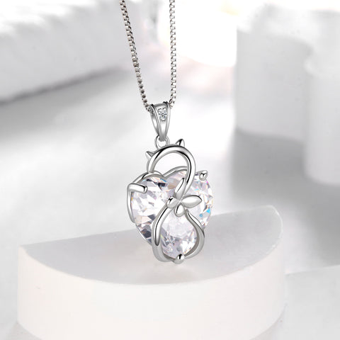 15MM Women Cat Necklace Heart April Birthstone 925 Sterling Silver Pendant Diamond Crystal Butterfly Jewelry Birthday Gift for Cat Lover - Aurora Tears