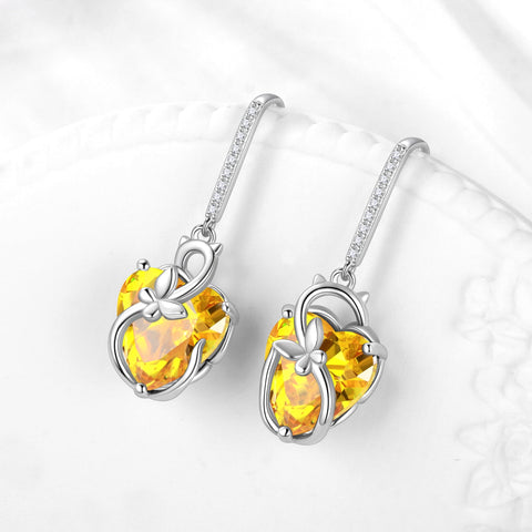Cat Butterfly Earrings for Women 925 Sterling Silver Earrings Dangle Drop Hook Yellow Heart Citrine November Birthstone Jewelry Christmas Valentines Birthday Mothers Day Gifts for Mom Wife - Aurora Tears
