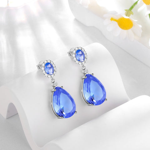 10Ct Women Dangle Earrings 925 Sterling Silver Teardrop Blue Tanzanite December Birthstone Earrings 925 Sterling Silver Jewelry Mother Christmas Valentines Day Gift for Her - Aurora Tears