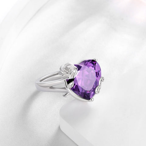 9Ct Women Heart Ring 925 Sterling Silver Rose Flower February Birthstone Amethyst Purple Solitaire Ring Jewelry Girlfriend Valentine's Day Gift - Aurora Tears