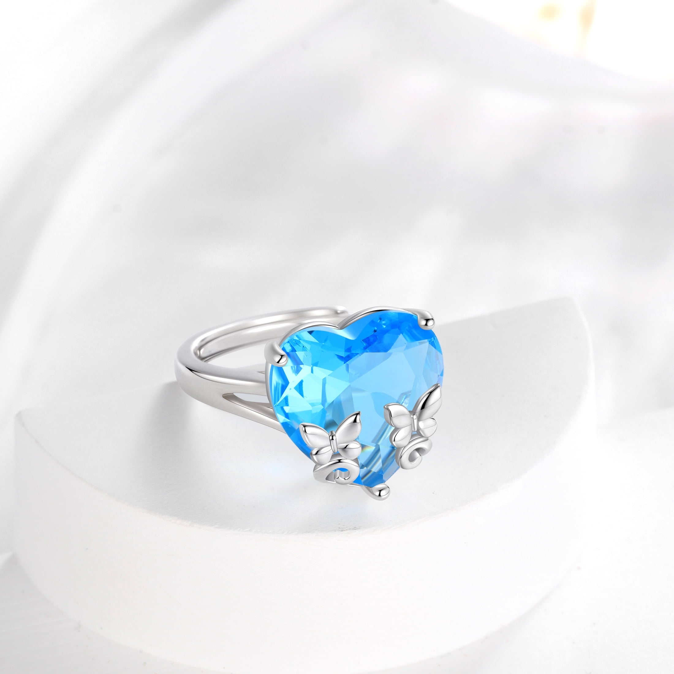 9Ct Women Heart Ring 925 Sterling Silver Butterfly March Birthstone Aquamarine Blue Solitaire Ring Jewelry Birthday Gift for Mother - Aurora Tears