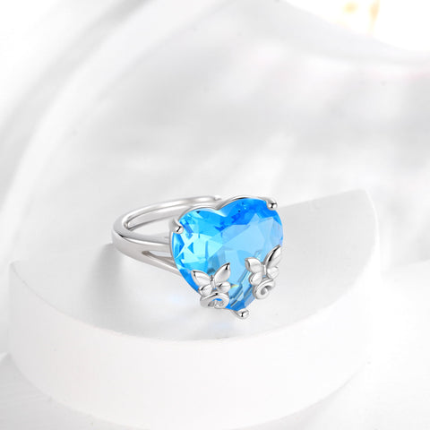9Ct Women Heart Ring 925 Sterling Silver Butterfly March Birthstone Aquamarine Blue Solitaire Ring Jewelry Birthday Gift for Mother - Aurora Tears