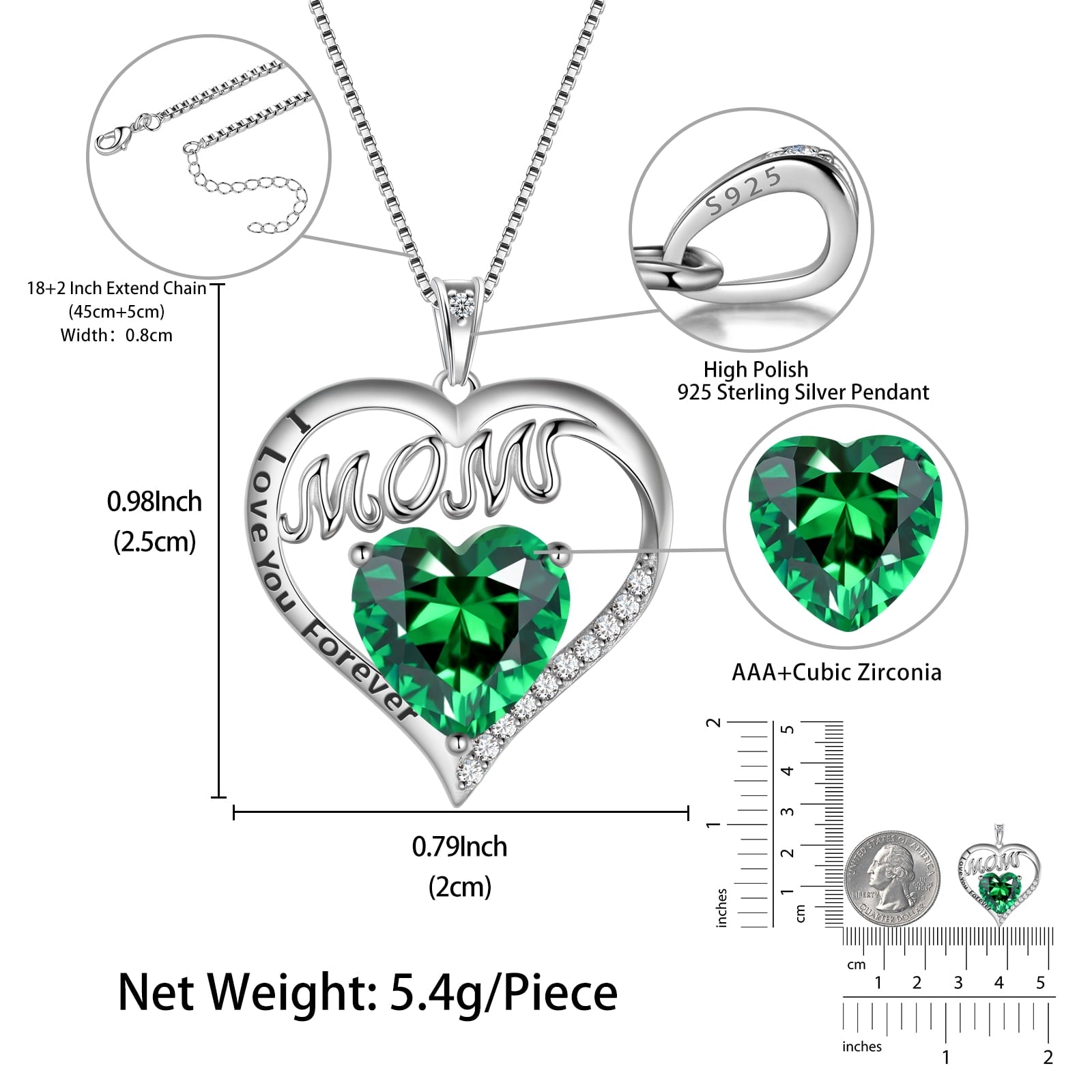 Women Necklace for Mom Grandma Mother's Day Gifts, Heart May Birthstone Necklace Emerald Green 925 Sterling Silver Pendant Christmas Jewelry - Aurora Tears