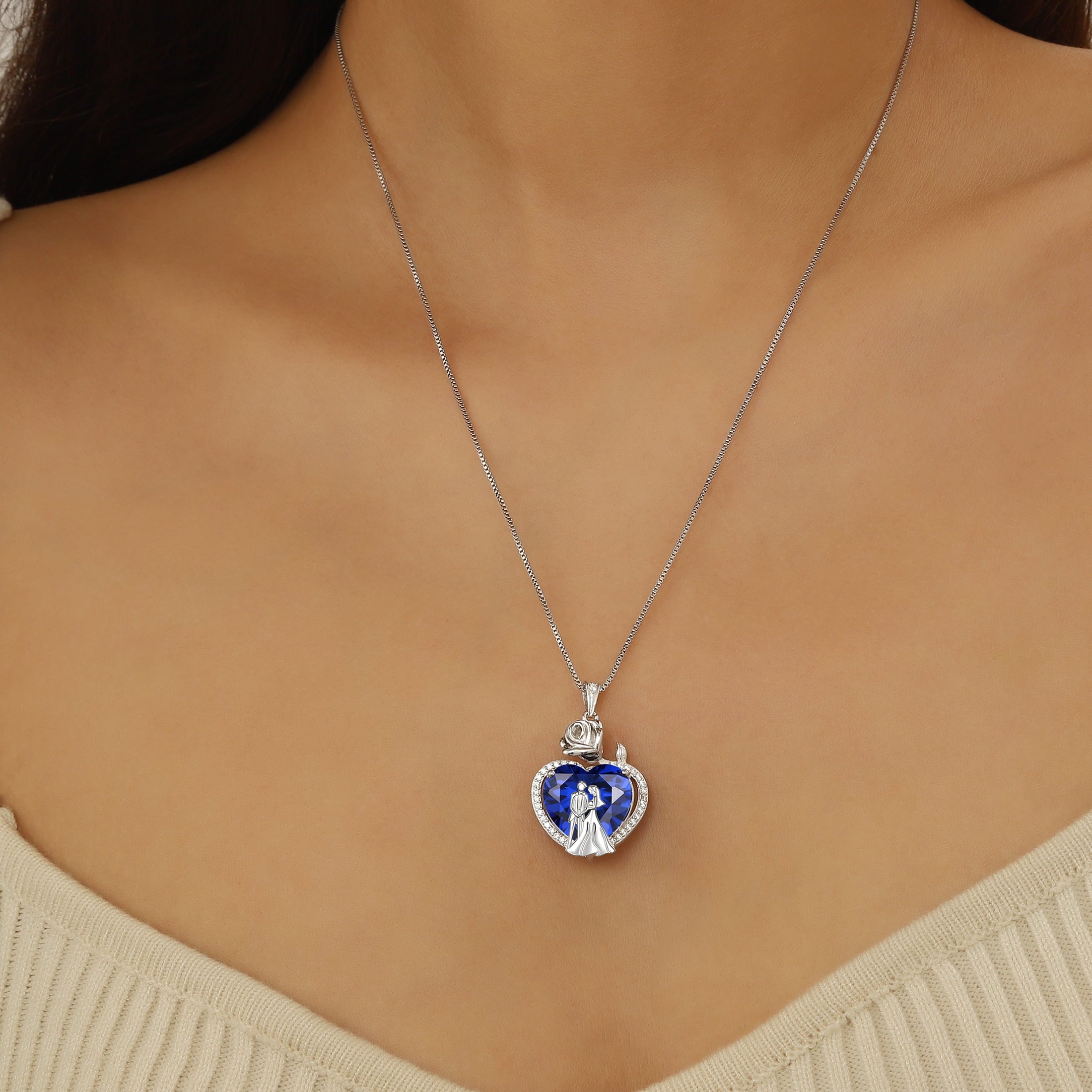 Couple Necklace for Women 925 Sterling Silver 15MM Heart September Birthstone Rose Flower Pendant Wedding Engagement Bridal Jewelry Valentines Gift for Her Wife - Aurora Tears