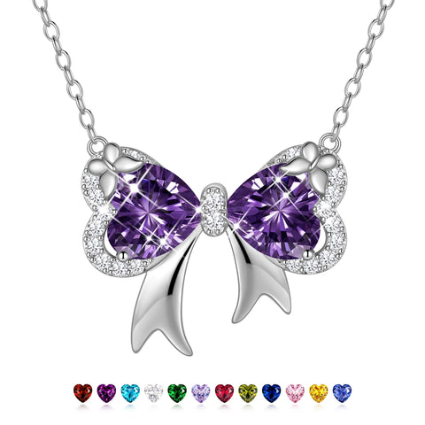 Juwaliy Silver Plated Buttefly Necklace for Women, February Birthstone Amethyst Purple Bow Tie Pendant Jewelry Christmas Birthday Valentines Gift for Mother/Wife/Daughter